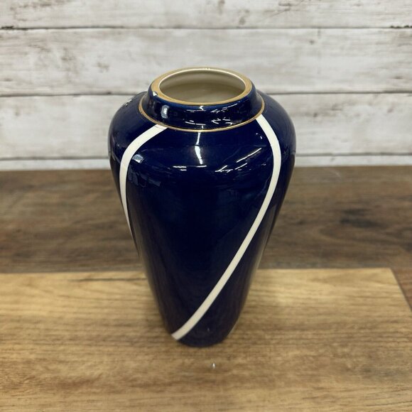Vintage Cylinder Navy Vase With White and Gold Decoration McDonough Art Deco - Picture 2 of 10
